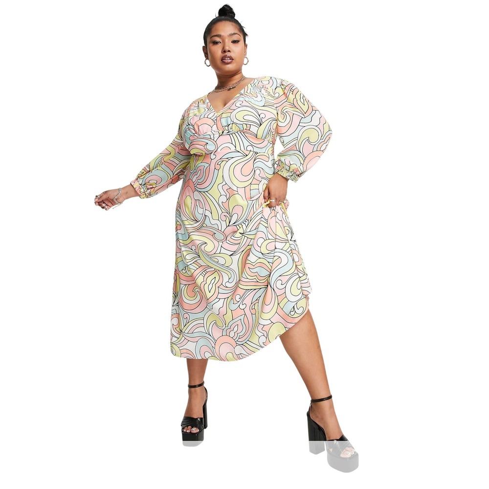 Twisted Wunder London Psychedelic Swirl Midi Dress Pastel Retro‎ Mod Pink US 14
